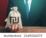 Small photo of Man gives a israeli shekel money bag. Loan issuance. Investments, financing Lobbying. Funding. Accounting, tax payment. Earnings and profits. Financial support, leasing.