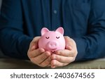 Small photo of A calmly sleeping piggy bank in the hands. Trust fund. A reliable way to store savings and passive income. Savings and deposit banking. Wealth and prosperity. Successful investments and deposits.