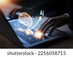 Small photo of AI (Artificial intelligence) growing with brain. Businessman data analytics information trends with laptop (notebook). Business technology link digital marketing. Big data and Financial banking.