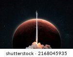Small photo of New space shuttle rocket with a blast takes off into space against the background of the red planet Mars and explores space. Concept of technology and travel to other planets. Spaceship lift off