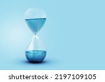 Small photo of Time as water, a concept. Water with a drip dripping in a glass clock. Creative idea, save the water on a blue background. Global Warming