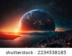 Small photo of Amazing space planet Mars landscape with mountains and water at sunset with starry sky and big planet earth with lights of night cities. Creative future space concept.