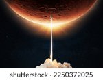 Small photo of New space shuttle rocket with a blast takes off into space against the background of the red planet Mars and explores space at sunset. Concept of technology and travel to planet. Spaceship lift off