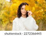 Stylish beautiful cute woman with curly brunette hair in a fashionable knitted white sweater covers her face with a yellow maple leaf in the autumn golden park