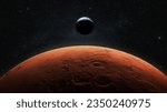Small photo of View of planet earth from Mars. Mars, the red planet with detailed surface features and craters in deep space. Blue Earth planet in outer space. mars and earth, concept.