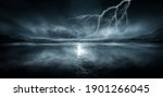 Dramatic empty nature background with lightning and thunderstorm. Dark night landscape view during a thunderstorm. Flashing lightning. Reflection of neon light on water. Fantasy abstract landscape. 3d
