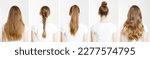 Small photo of Closeup Caucasian hair type different hairstyles ponytail, bun, braid back view isolated on white background. Braid, ponytail. Straight long light brown blonde healthy clean hairstyle. Shampoo concept