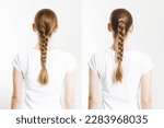 Braid hair different style. Back rear view woman braided hairstyles isolated on white background copy space. Health care beautycare concept. Healthy blonde natural easy-making casual plaits.
