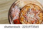 Homemade crab sticks Pizza, Hot pizza big slices of cheese for lunch or dinner topped with crab sticks, Template with delicious, Promotional poster for restaurant or pizza sale, Text space.