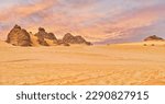 Small photo of Typical desert landscape in Alula, Saudi Arabia, sand with some mountains, small offroad vehicle, dramatic orange sky above
