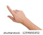 Man pointing at something on white background, closeup of hand