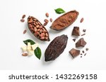 Composition with cocoa products on white background, top view