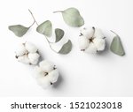 Composition with cotton flowers on white background, top view