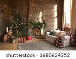 Festive interior with decorated Christmas tree and fireplace