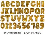Set with golden foil balloons in shape of letters and numbers on white background