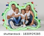 Strong immunity - healthy family. Happy parents with children protected from viruses and bacteria, illustration