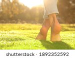 Young woman walking barefoot on fresh green grass, closeup