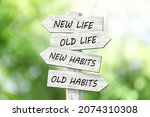 Small photo of Alcohol addiction: what to choose - life with old bad habits or new good ones? Wooden signpost with different directions on blurred green background