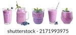 Small photo of Set with delicious blueberry smoothies on white background. Banner design