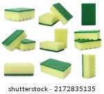Set with cleaning sponges on white background