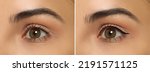Small photo of Collage with photos of young woman before and after getting permanent eyeliner makeup, closeup. Banner design