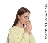 Small photo of Woman with clasped hands praying on white background