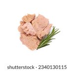 Small photo of Delicious canned tuna chunks with rosemary isolated on white, top view