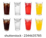 Collage of tasty refreshing soda drinks with ice cubes on white background