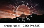 Small photo of Zodiac wheel and photo of woman in mountains under starry sky. Banner design