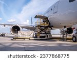 Small photo of Air cargo logistic containers are loading to an airplane. Air transport shipment prepare for loading to modern freighter jet aircraft at the airport.