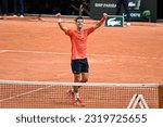 Small photo of Novak Djokovic celebrates his victory during the French Open final, Grand Slam tennis tournament on June 11, 2023 at Roland Garros stadium in Paris, France.