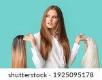 Beautiful young woman with different wigs on color background