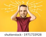 Stressed young man with big head on color background
