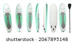 Small photo of Collage of sup board with paddle on white background