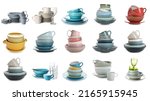 Small photo of Set of many different tableware on white background