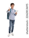 Small photo of Little schoolboy with tablet computer showing thumb-up on white background