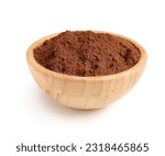 Wooden bowl with cacao powder on white background