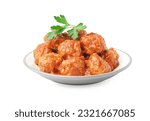 Small photo of Plate of tasty meat balls with sauce isolated on white background