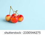 Sweet yellow cherries on blue background