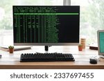 Computer monitor with command line interface at programmer's workplace in office, closeup