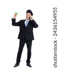 Small photo of Handsome steward with paper plane talking by mobile phone on white background