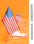 Small photo of USA flag and ballot paper with word IMPEACH in voting box on orange background