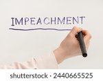 Small photo of Woman writing word IMPEACH with felt pen on glass against white background