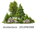 Cutout rock surrounded by fir...