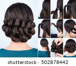 Small photo of tutorial photo step by step of simple hairstyle volume pull through braid chignon for long hair