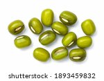 Group of green mung beans isolated on white background. Top view. Flat lay. Macro 