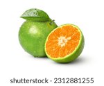 Green tangerine orange fruit with water drops and half slice isolated on white background.