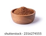 Chocolate powder in wooden bowl  isolated on white background with clipping path.