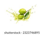 Small photo of Olive fruit with extra virgin olive oil splashing isolated on white background.