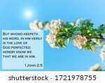 Small photo of Bible quote on blooming tree background.Inspirational Christian verse for believers.But whoso keepeth his word, in him verily is the love of God perfected: hereby know we that we are in him.Card text.
